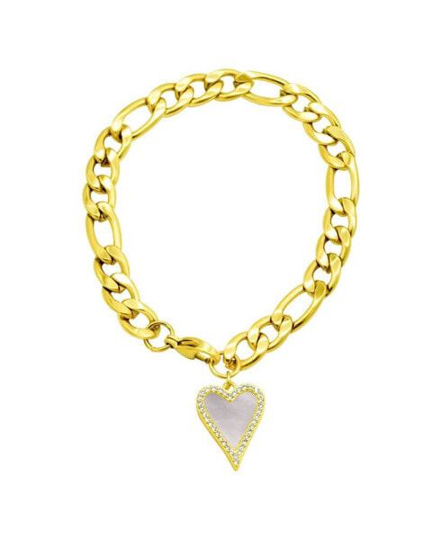 Tarnish Resistant 14K Gold-Plated Stainless Steel Figaro Bracelet with Crystal Halo Mother-of-Pearl Heart