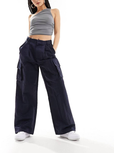 River Island wide leg cargo trouser in navy