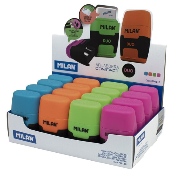 MILAN Display Box 16 Erasers With Sharpener Compact Duo