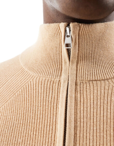 GANT cotton wool mix knit half zip jumper with logo in tan