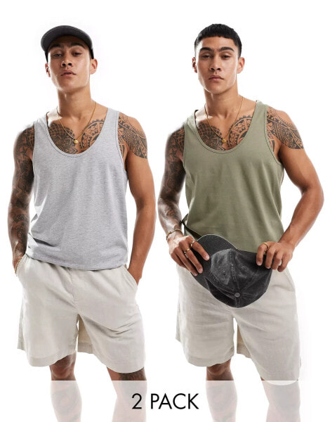 ASOS DESIGN 2 pack vests in khaki and grey marl