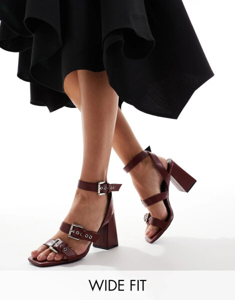 RAID Wide Fit Neesha block heeled sandals with buckles in burgundy