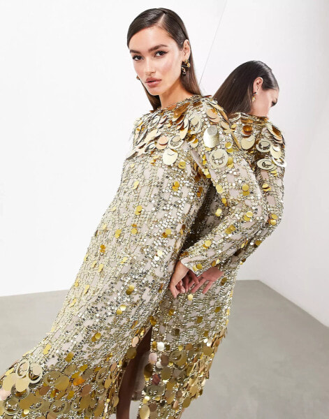 ASOS EDITION stacked multi sequin long sleeve column midaxi dress in gold