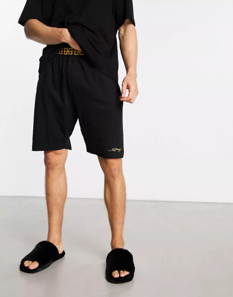 Ed Hardy jaquard waistband sleep shorts in black and gold