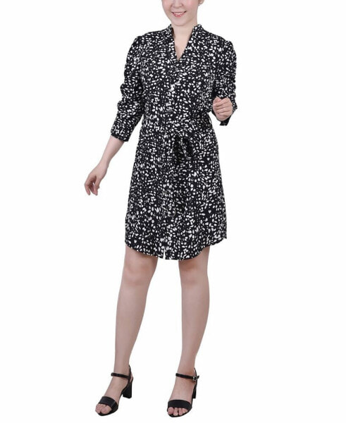 Petite 3/4 Rouched Sleeve Dress with Belt