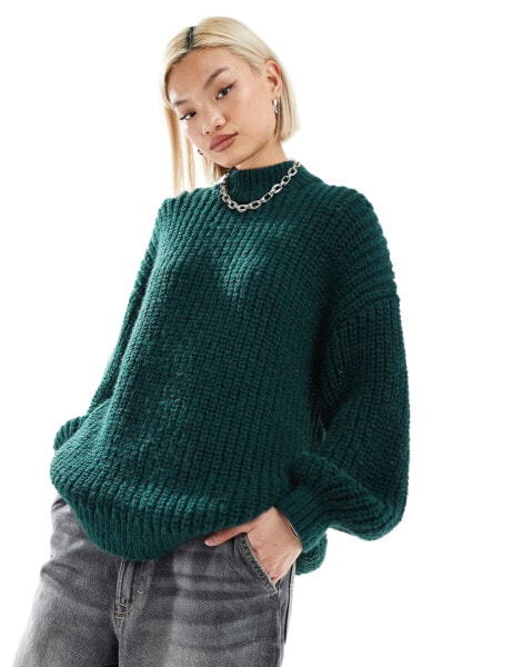 Monki high neck chunky rib knitted jumper with volume sleeve in dark green