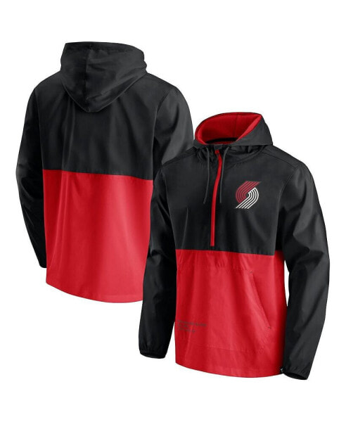 Men's Black, Red Portland Trail Blazers Anorak Block Party Windbreaker Half-Zip Hoodie Jacket