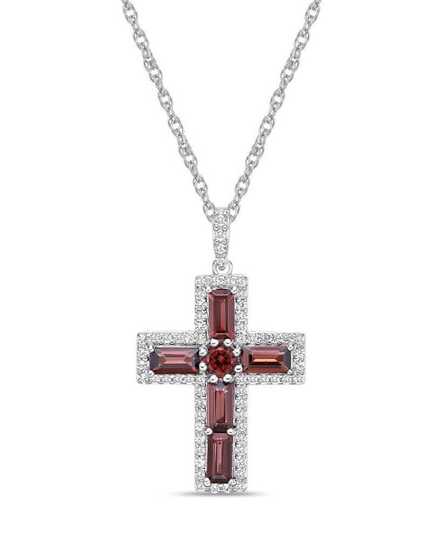 Sterling Silver Halo Birthstone Style Genuine Garnet and White Topaz Fancy Cut Cross Pendant Necklace