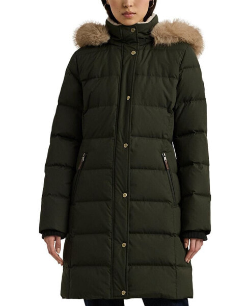 Petite Faux-Fur-Trim Hooded Puffer Coat