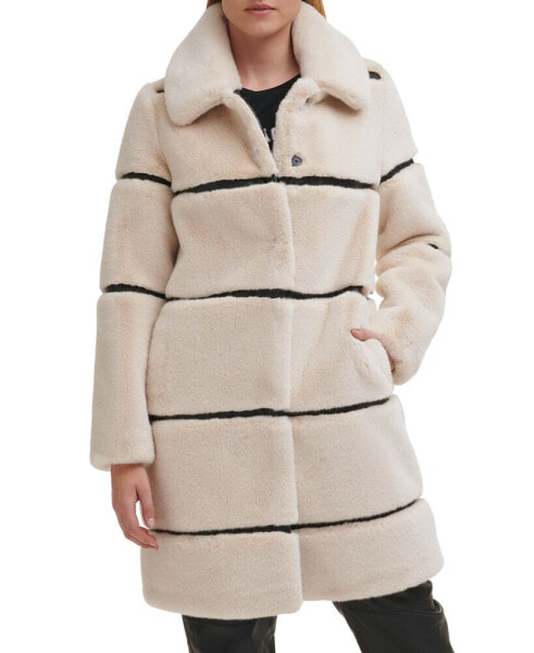 Womens Faux-Leather Trim Faux-Fur Coat