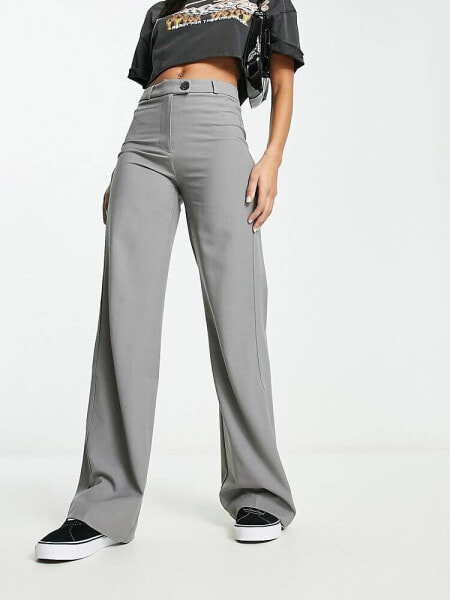 Bershka wide leg tailored trousers in grey