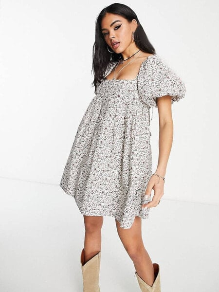 Emory Park puff sleeve ditsy mini smock dress in red rose floral