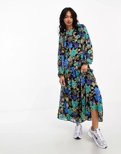 Vila balloon sleeve midaxi dress in blue floral print