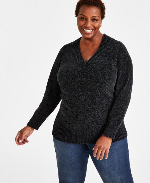 Plus Size V-Neck Long-Sleeve Chenille Sweater, Created for Macy's