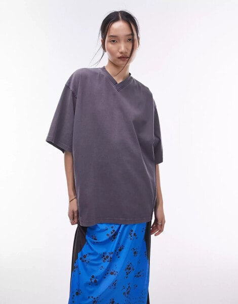 Topshop acid wash v neck oversized tee in charcoal