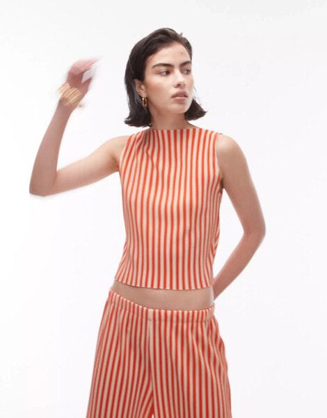 Topshop co ord plisse stripe high neck top in red