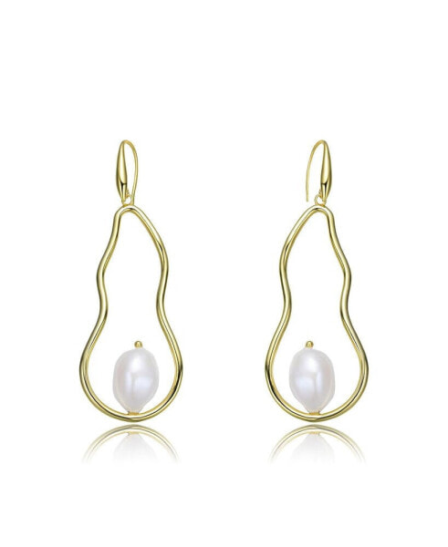 Very Stylish Sterling Silver with Gold Plating and Genuine Freshwater Pearl Elongated Dangling Earrings