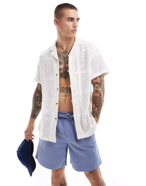 ASOS DESIGN short sleeve relaxed revere crochet shirt in ecru