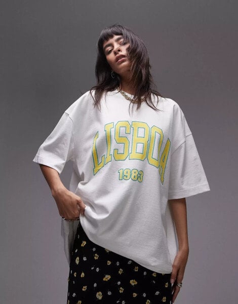 Topshop premium graphic Lisboa super oversized tee in white