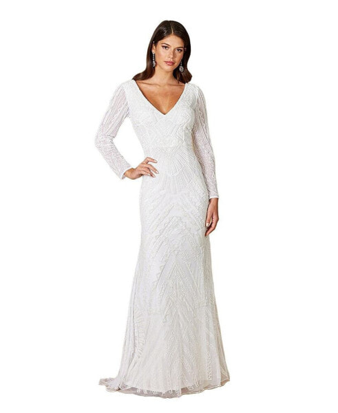 Women's White Gretchen V-Neck Long Sleeve Wedding Dress
