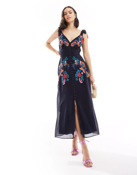 Hope & Ivy tie shoulder embroidered midi dress in navy