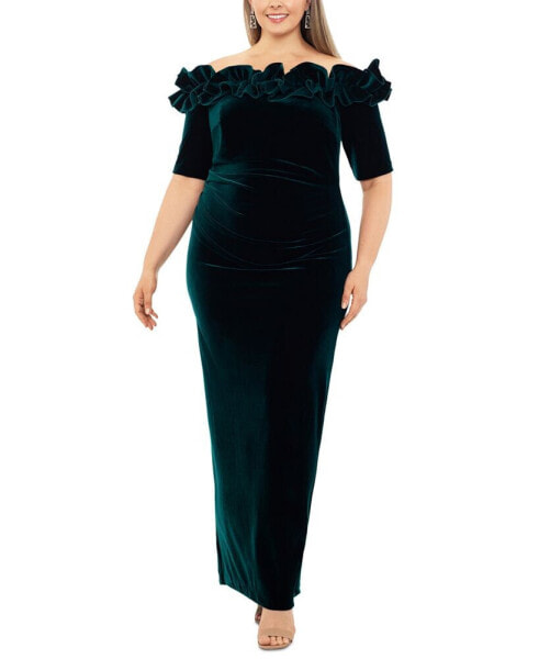 Plus Size Velvet Ruffled Off-The-Shoulder Gown