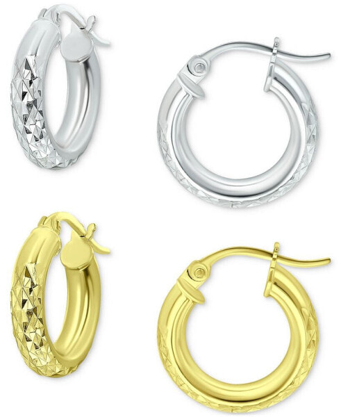 2-Pc. Set Textured Small Huggie Hoop Earrings in Sterling Silver & 18k Gold-Plate, 15mm