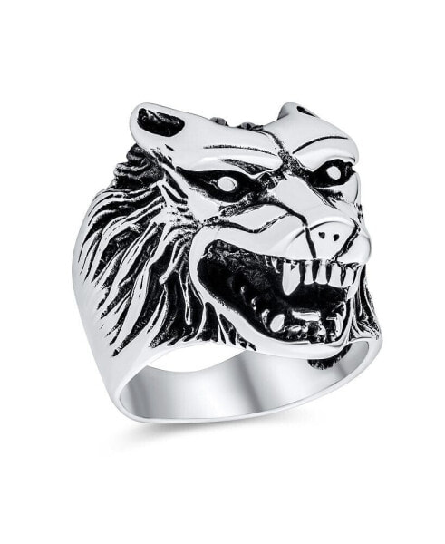 Hunter Animal Norse Viking Warrior Signet Fierce Roaring Wolf Head Ring Oxidized .925 Sterling Silver