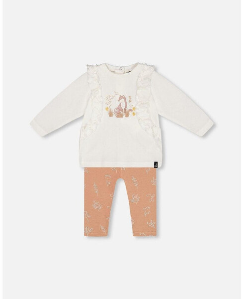 Baby Girls Baby Organic Cotton Top And Printed Leggings Set White And Cinnamon