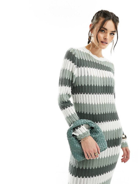 Object crochet knit maxi dress in sage green multi stripe