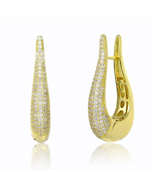 14k Yellow Gold Plated with Cubic Zirconia Oblong Oval Raindrop Hoop Earrings