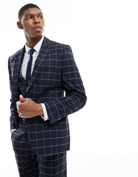 ASOS DESIGN skinny windowpane check suit jacket in navy