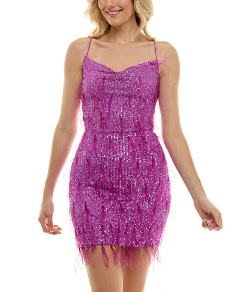 Juniors' Sequined & Feathered Sleeveless Bodycon Dress
