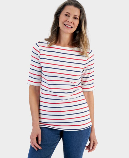 Petite Striped Boat-Neck Elbow-Sleeve Top, Created for Macy's