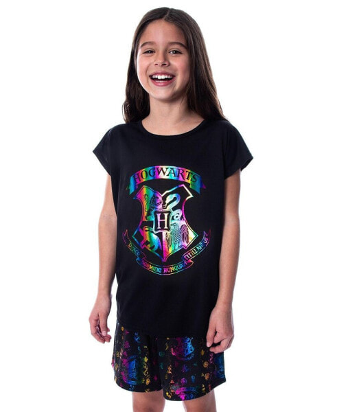 Girls Hogwarts Rainbow Hologram T-Shirt and Shorts Pajama Set