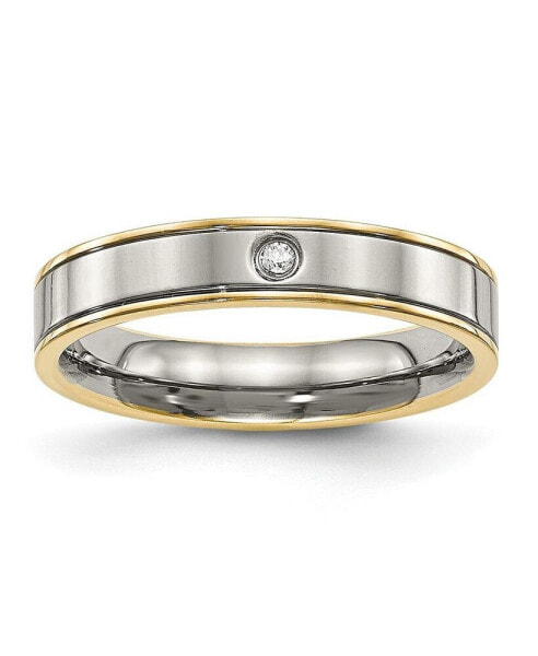 Titanium Polished Yellow CZ Grooved Comfort Fit Band Ring