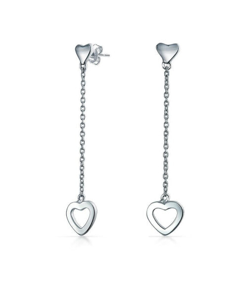 Simple Chain Long Linear Open Hearts Dangle Earrings Lightweight for Women Teens .925 Sterling Silver