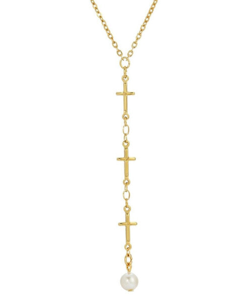 Symbols of Faith 14K Gold Dipped Triple Cross Drop Imitation Pearl Necklace