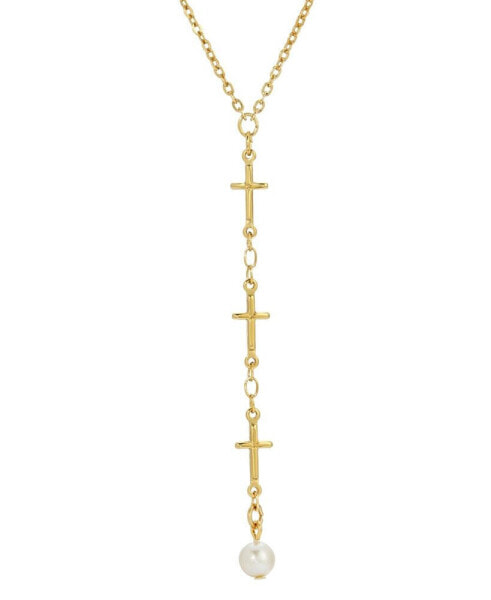 14K Gold Dipped Triple Cross Drop Imitation Pearl Necklace