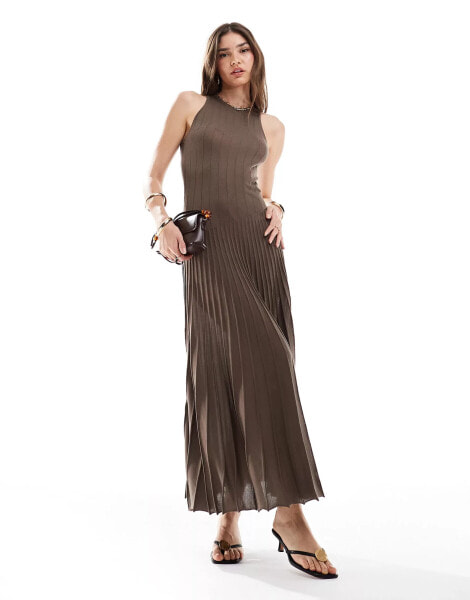 & Other Stories pleated knit maxi dress with asymmetric drop waist and fluted hem in brown