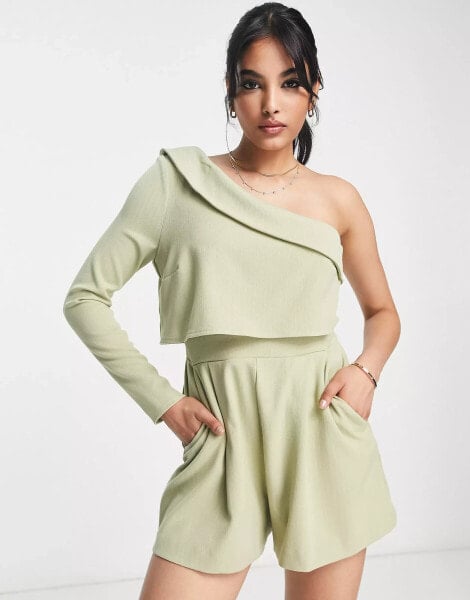 ASOS DESIGN one shoulder tailoring playsuit in sage