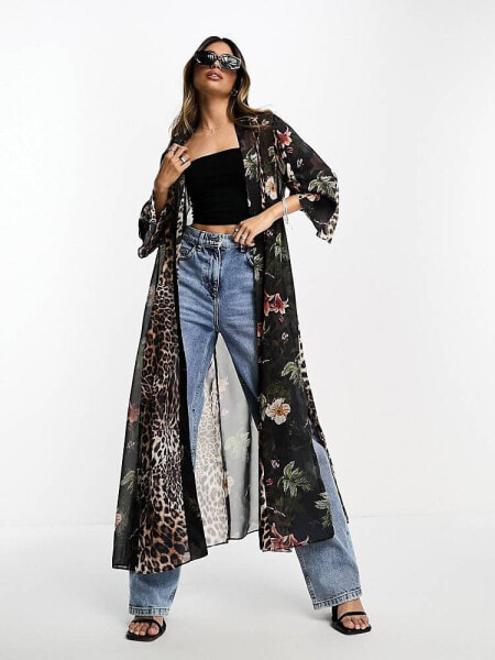 AllSaints Elsa Sara kimono in leopard/floral panels