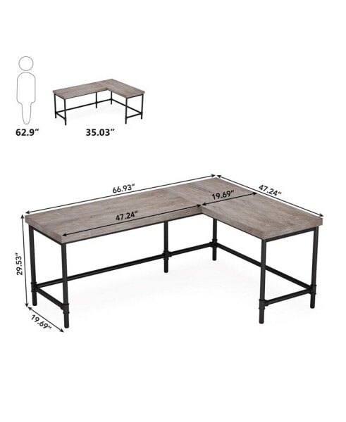 L Shaped Computer Desk, 67 inch Industrial Reversible Corner Desk for Home Office, PC Laptop Study Writing Table Workstation with Metal Pipe Legs