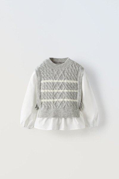 Striped knit sweater with contrast poplin