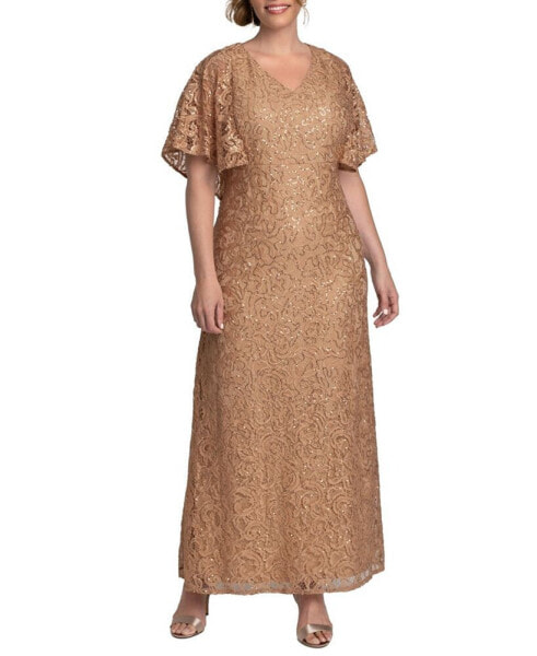 Women's Plus Size Celestial Cape Sleeve Sequined Lace Gown