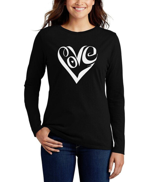 Women's Long Sleeve Word Art Script Love Heart T-shirt