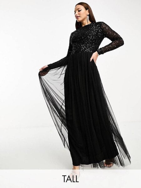 Maya Tall Bridesmaid long sleeve maxi tulle dress with tonal delicate sequin in black