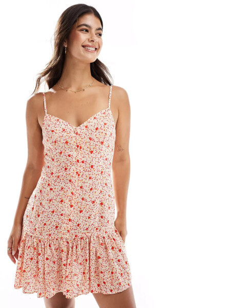 Miss Selfridge strappy button through mini dress in strawberry ditsy print