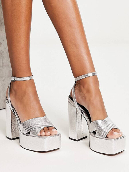 ASOS DESIGN Nocturnal platform high block heeled sandals in silver