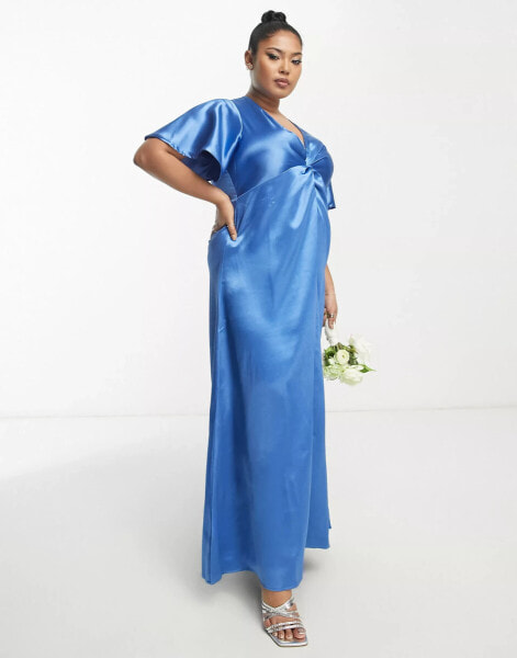 Vila Curve Bridesmaid satin flutter sleeve maxi dress in blue